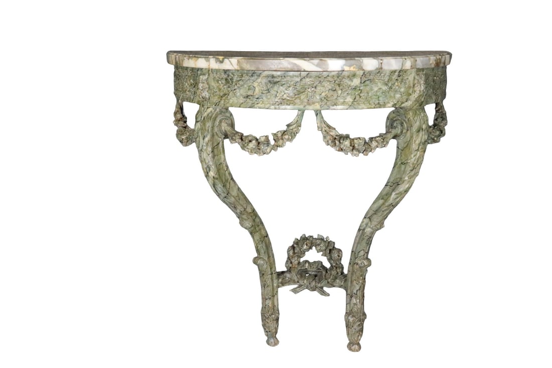 CARVED PAINTED VENETIAN MARBLE TOP CONSOLE: Marble top. Carved. 35 1/4" h x 32 3/4" w x 18 1/4" d.