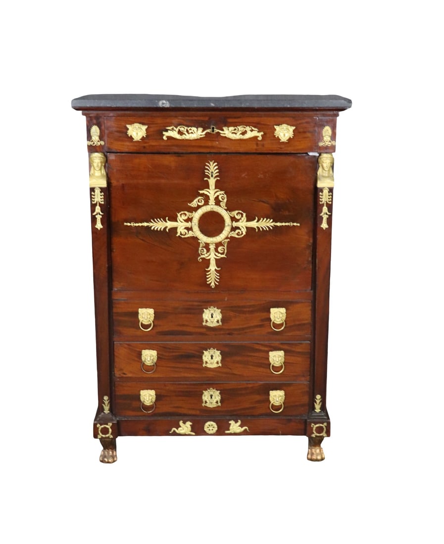 MAHOGANY FRENCH EMPIRE BRONZE MOUNTED SLANT FRONT DESK (1 of 17)