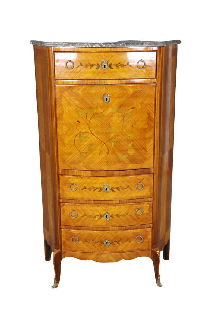 LOUIS XV STYLE MARBLE TOP SLANT FRONT DESK: 4 drawers. Drop down door. Marble top. 58" h x 35 3/4" w x 16 1/4" d.