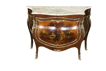 PAINT DECORATED BRASS MOUNTED MARBLE TOP COMMODE