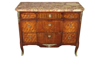 LOUIS XV STYLE BRONZE MOUNTED INLAID MARBLE TOP COMMODE