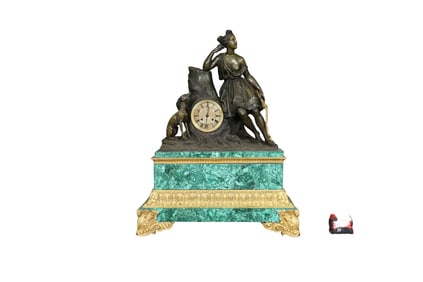 19TH C FIGURAL MALACHITE & BRONZE MOUNTED CLOCK