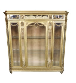 LOUIS XVI STYLE 3 DOOR GOLD LEAF GLASS VITRINE WITH SHELVES