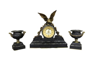 SIGNED 3 PIECE MARBLE & BRONZE CLOCK SET