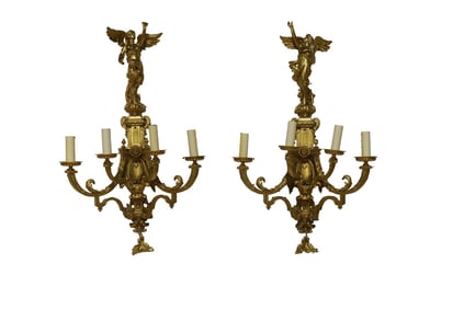 PAIR FRENCH LOUIS XVI STYLE GILT BRONZE FIGURAL WALL SCONCES