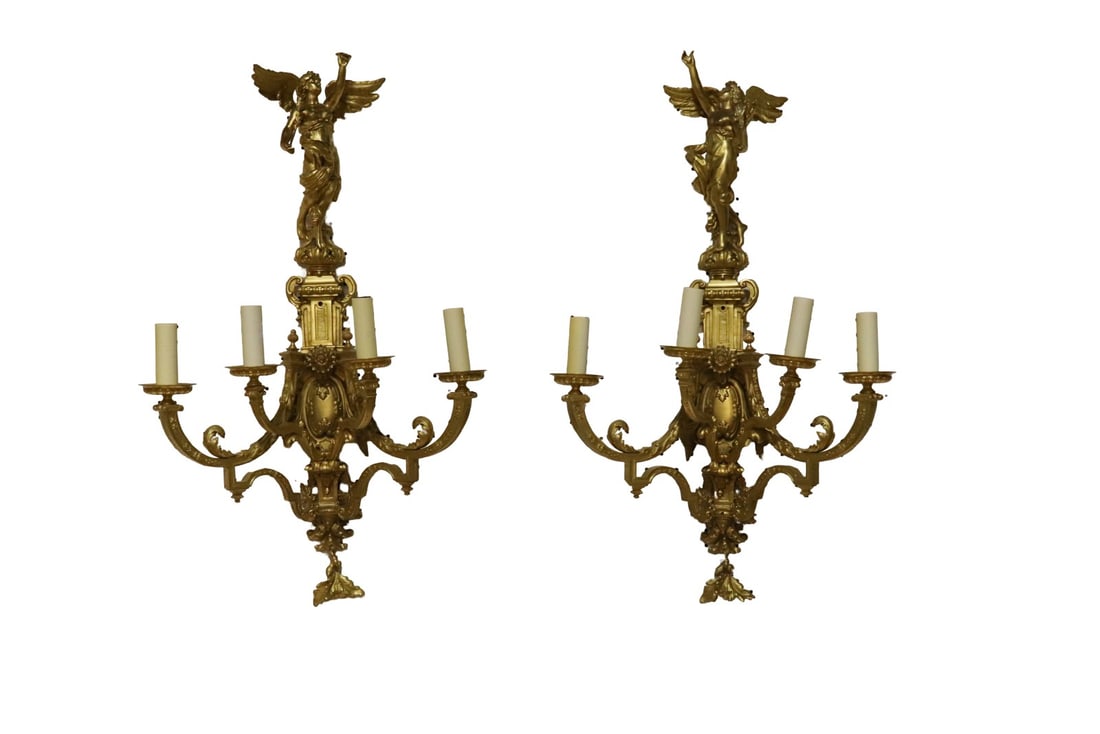 PAIR FRENCH LOUIS XVI STYLE GILT BRONZE FIGURAL WALL SCONCES (1 of 11)