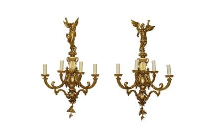 PAIR FRENCH LOUIS XVI STYLE GILT BRONZE FIGURAL WALL SCONCES
