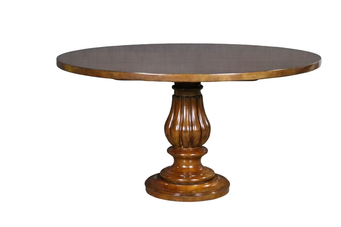 WOODBRIDGE FURNITURE WALNUT DISTRESSED DINING TABLE: Walnut distressed. 30 7/8" h x 57 7/8" diameter.