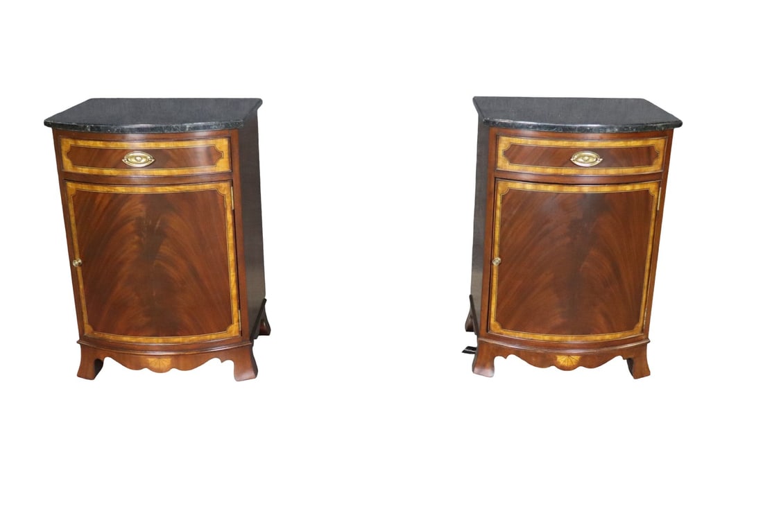 PAIR SCARBOROUGH HOUSE INLAID NIGHT STANDS: Faux marble top. Faux drawer. Metal hardware. 1 door. 30 1/4" h x 21 1/4" w x 17 1/2" d.