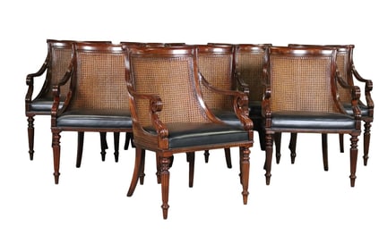 8 THEODORE ALEXANDER CANE BACK & LEATHER ARMCHAIRS