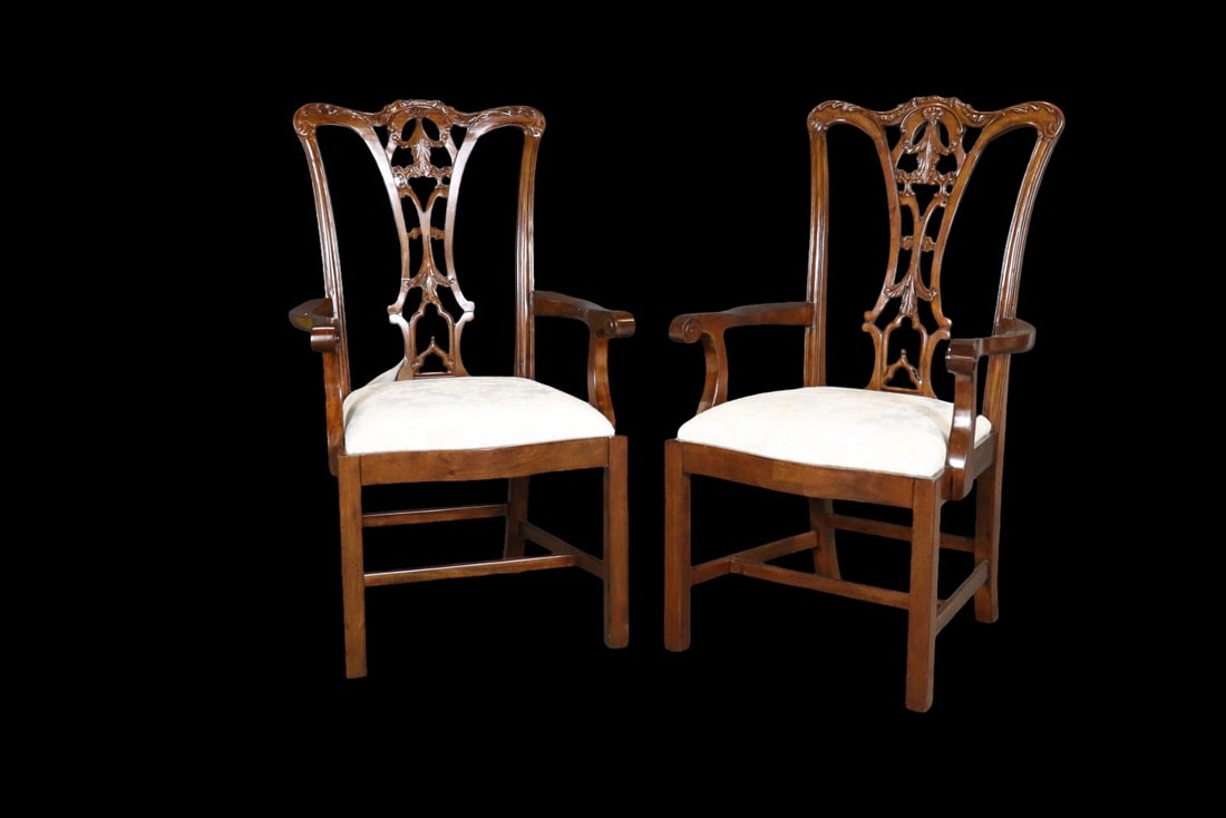 PAIR SCARBOROUGH HOUSE CHIPPENDALE STYLE MAHOGANY DINING ARM CHAIRS (1 of 7)