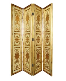 DECORATIVE ITALIAN STYLE GILT FLORENTINE FOUR PANEL FOLDING SCREEN