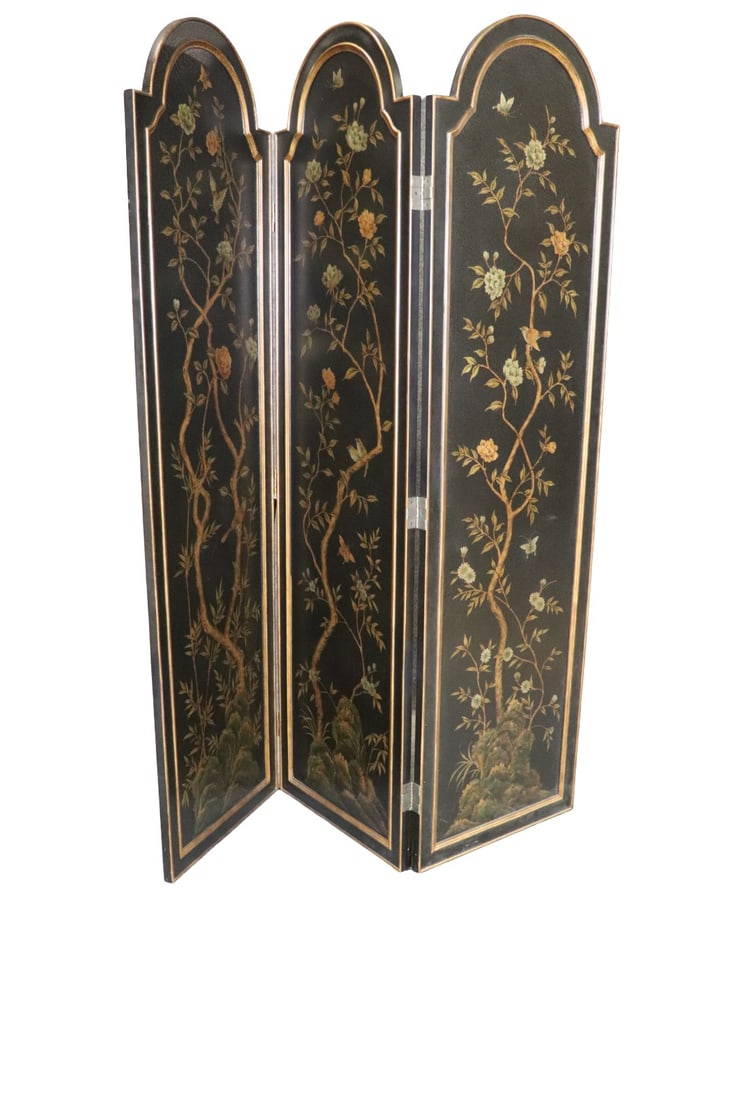 BLACK LACQUERED CHINOISERIE 3 PANEL FOLDING SCREEN (1 of 8)