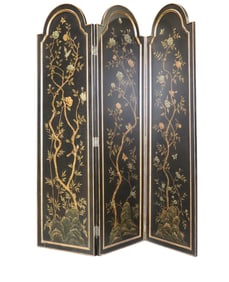 BLACK LACQUERED CHINOISERIE 3 PANEL FOLDING SCREEN