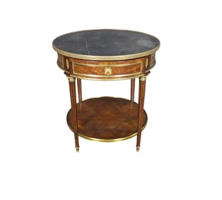 THEODORE ALEXANDER MARBLE TOP 2 TIER DRUM TABLE