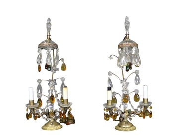 PAIR BRONZE MOUNTED & CRYSTAL PRISM 2 LIGHT CANDELABRAS