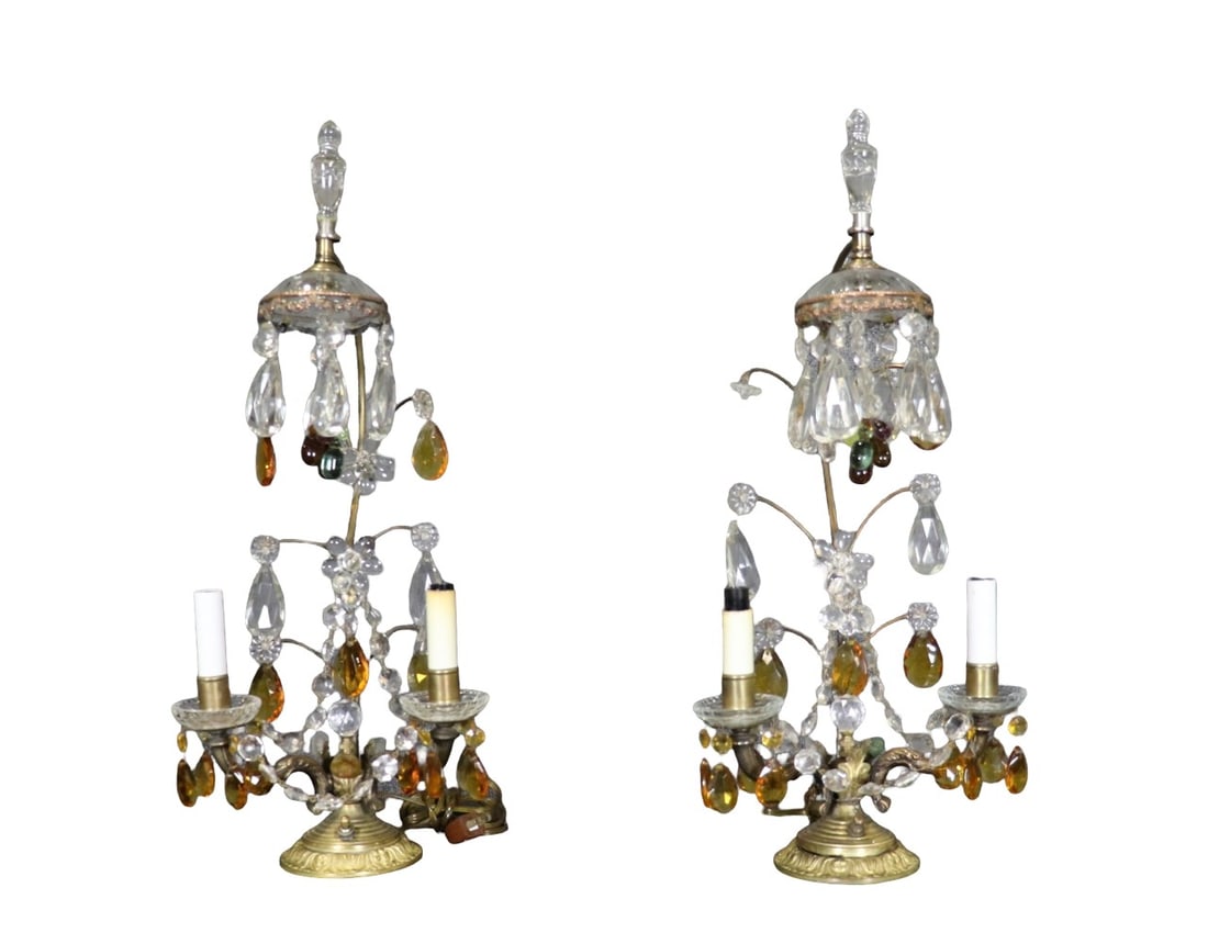 PAIR BRONZE MOUNTED & CRYSTAL PRISM 2 LIGHT CANDELABRAS (1 of 13)