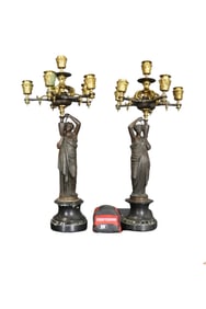 PAIR FIGURAL BRONZE 6 LIGHT CANDELABRAS