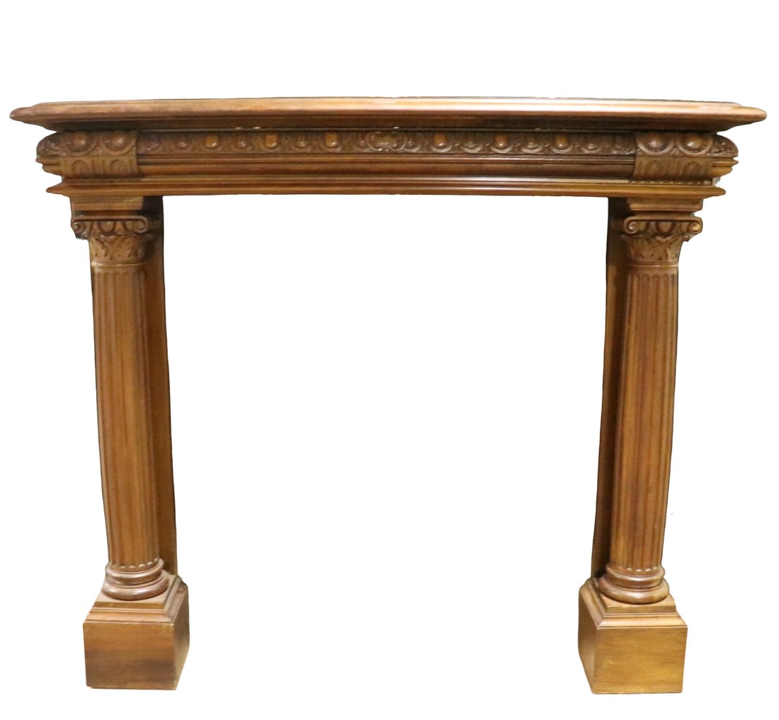 CARVED WOOD FIREPLACE MANTEL: Carved wood. 51 5/8" h x 58 1/4" w x 22 3/8" d.
