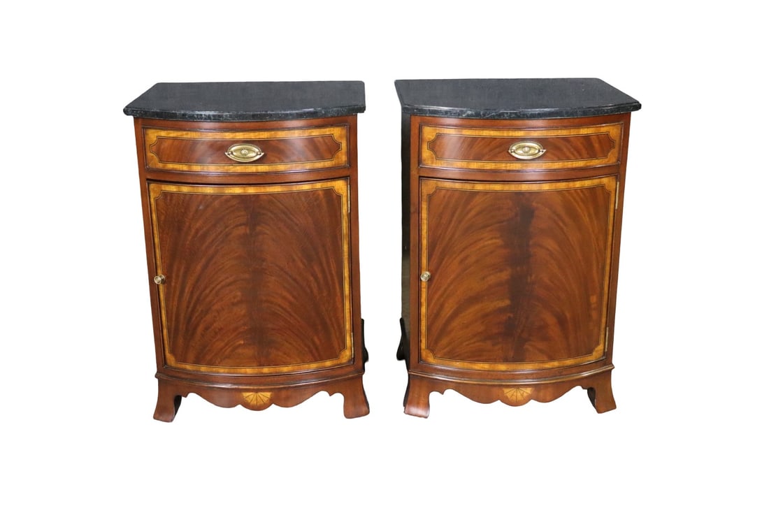 PAIR SCARBOROUGH HOUSE INLAID NIGHT STANDS: Faux marble top. Faux drawer. Metal hardware. 1 door. 30 1/4" h x 21 1/4" w x 17 1/2" d.