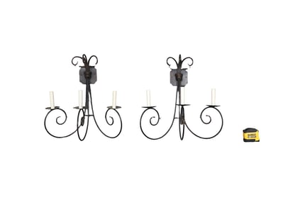 PAIR STUDIO STEEL WROUGHT IRON 3 LIGHT SCONCES