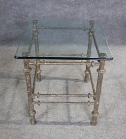 GIACOMETTI STYLE SCULPTURAL METAL & GLASS TOP SIDE TABLE