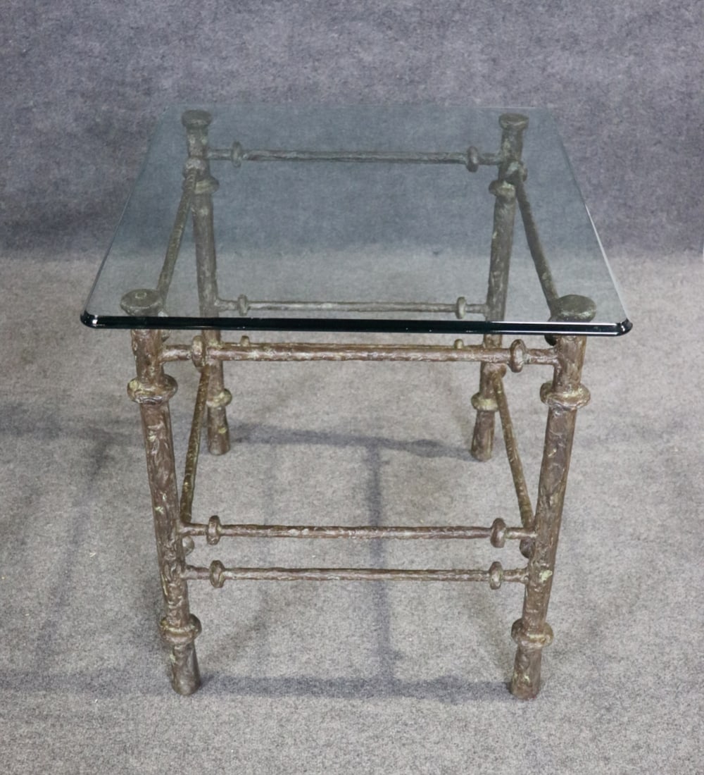 GIACOMETTI STYLE SCULPTURAL METAL & GLASS TOP SIDE TABLE (1 of 7)