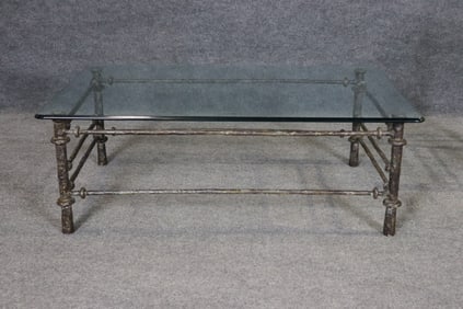 GIACOMETTI STYLE SCULPTURAL METAL & GLASS TOP COFFEE TABLE