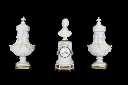 LATE 19TH C/EARLY 20TH C 3 PIECE BISQUE CLOCK SET