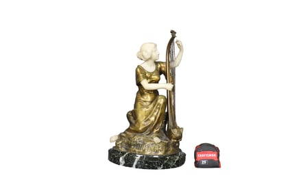 SIGNED MARBLE & BRONZE GIRL PLAYING INSTRUMENT