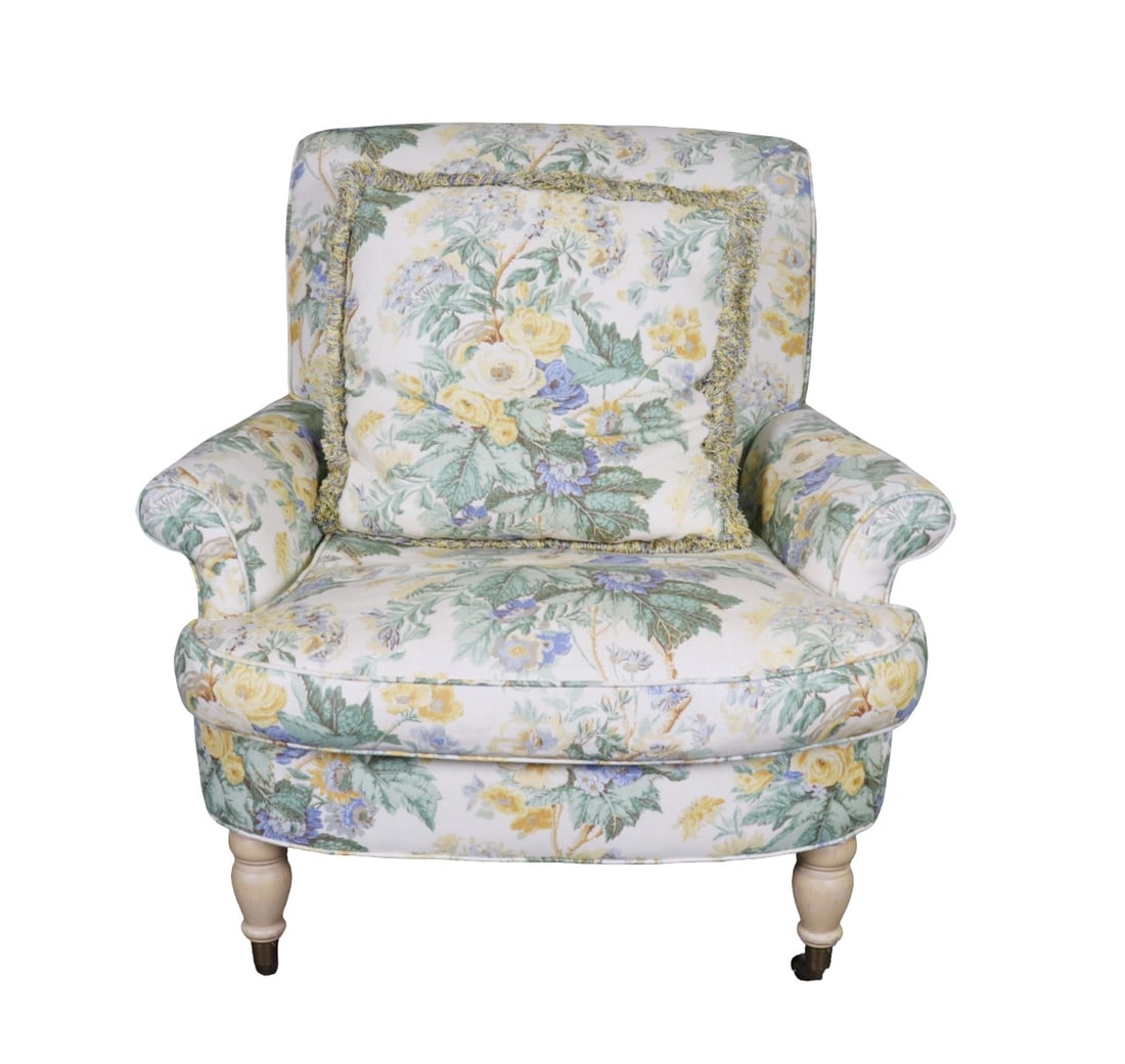 LEE JOFA UPHOLSTERED ARM CHAIR: Wood legs. Upholstered. Casters on front legs. 36" h x 37" w x 39" d. Seat height 18".