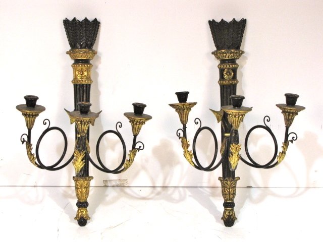 Pair ITALIAN EBONIZED & GILT WOOD SCONCES: Very good condition. 26"h. x 18"w. x 12 1/2"d.