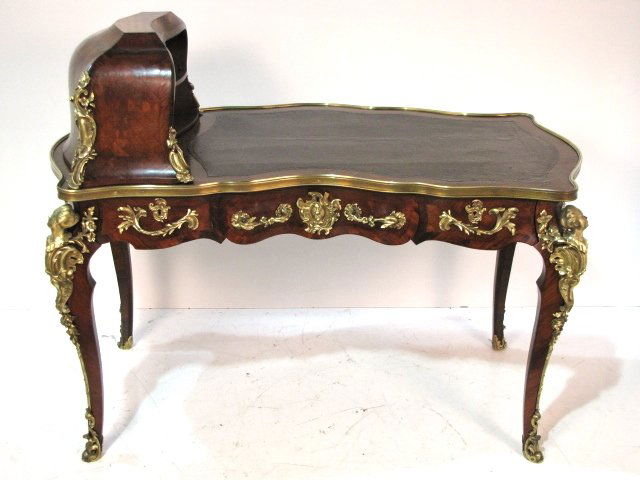 19th c. FRENCH PARQUETRY CARTONNIER DESK w/ CARYATIDS: Bronze mounted with caryatids. Locks marked DUVIVIER, locksmith for Francois Linke and Maison Krieger. Very good condition with veneer restorations. 43 1/4"h. x 55 1/4"w. x 31"d.