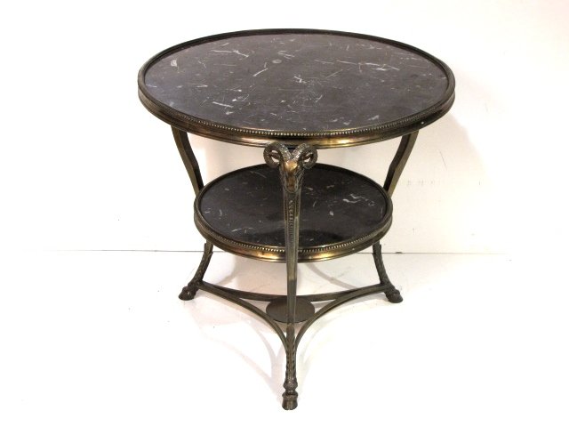 EMPIRE STYLE MARBLETOP GUERIDON TABLE: Tiled marble top. Very good condition. 27"h. x 28" diameter.