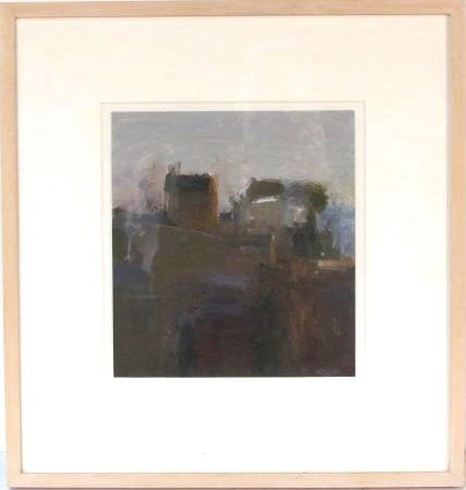 STUART SHILS ABSTRACT MODERN CITYSCAPE PAINTING: Oil on paper. Signed Shils '97. Very good condition. 10 3/4" x 9 3/4".