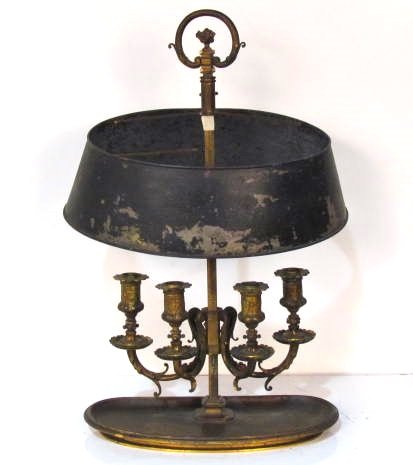19th c. FRENCH BRONZE BOUILLOTTE LAMP: Very fine and heavy quality casting. Tole metal shade with damaged frame. 25 1/2" high.