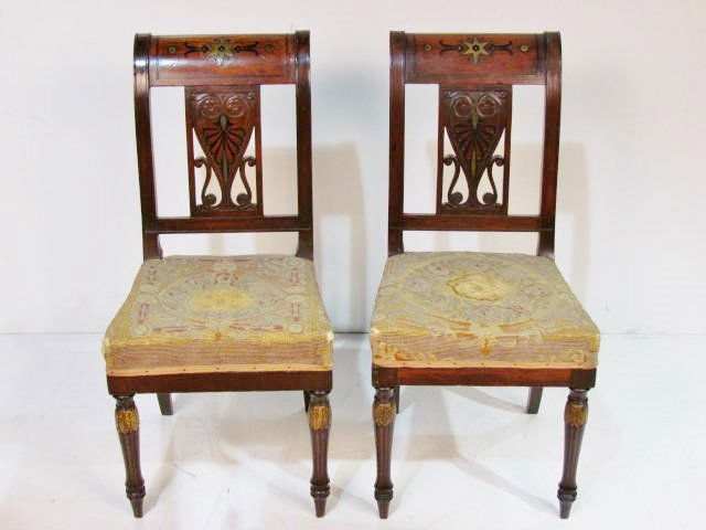 Pair JACOB FRERES BOULLE INLAID SIDE CHAIRS: Ebony and brass boulle inlay. Pegged joints. 35 3/4"h. x 17"w. x 21"d.