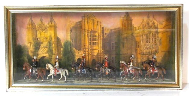 BRITIAN SOLDIERS DIORAMA: 12 Britian lead soldiers. Very good condition. 11 1/2"h. x 23 1/2"w. x 3 3/4"d.