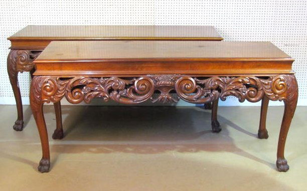 Pair GEORGIAN STYLE CONSOLE TABLES: Labeled Compagnie Francaise du Gabon, Port Gentil. Solid mahogany. Drawers on back. Very good condition. 35"h. x 75"w. x 27 1/2"d.