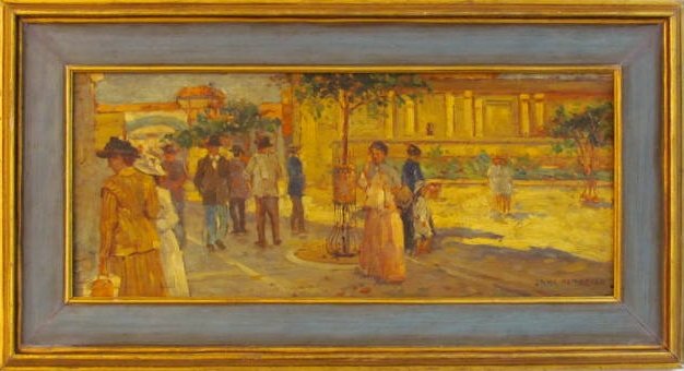 JANE PETERSON PAINTING PARISIAN STREET SCENE: Oil on board. Very good original condition. Needs cleaning. Signed Jane Peterson. 7 5/8" x 17 5/8".