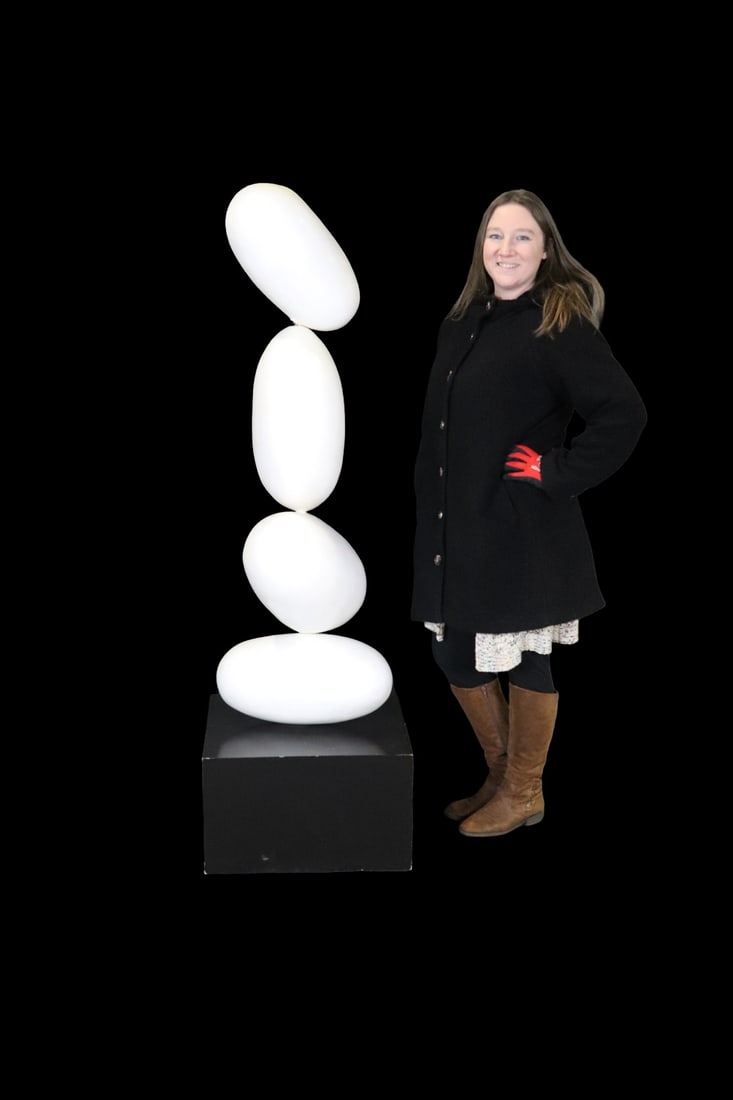 LARGE MODERN ART SCULPTURE: Some form of composition eggs/ovals. Painted base. 65" h x 20" w x 20" d.