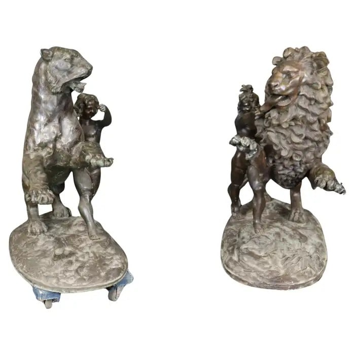 LIFE SIZE PAIR BRONZE SCULPTURES LION & TIGER (1 of 14)