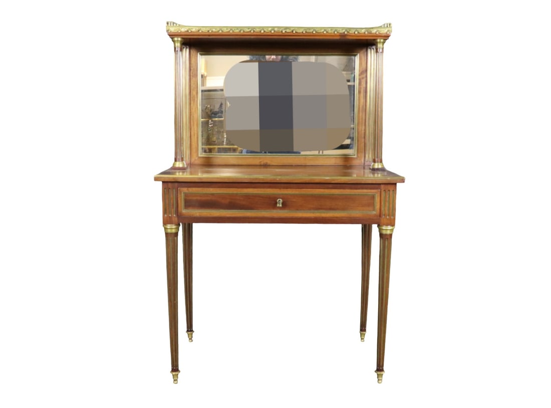 LOUIS XVI STYLE MAHOGANY & VENEER MARBLE TOP WRITING DESK: Mahogany and veneer. Brass accents. Gallery top. Marble top. Mirrored back. 1 dovetailed drawer. 49" h x 31 5/8" w x 17 7/8" d.