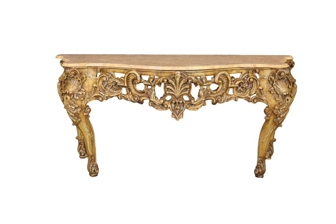 LOUIS XVI STYLE GILDED CARVED MARBLE TOP CONSOLE: 2 piece. Carved gilded frame. Marble top. Distressed. 35 5/8" h x 73 3/4" w x 28" d.