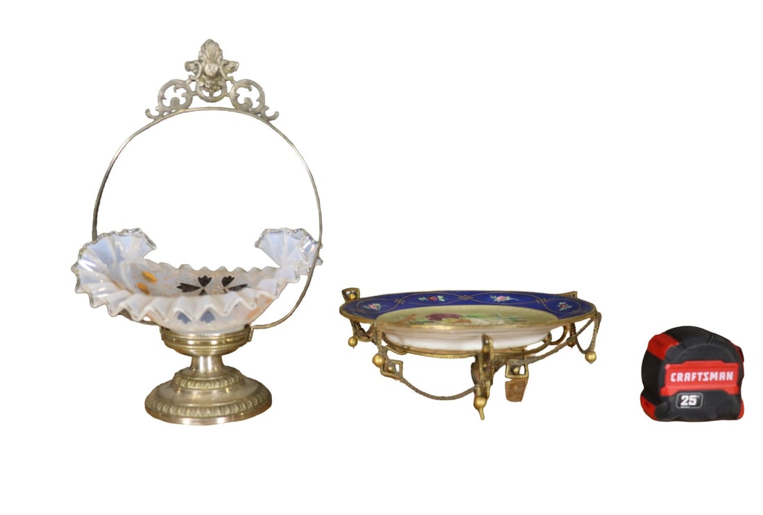 2 VENETIAN PORCELAIN CENTERPIECES: Porcelain. Brass. 1 is basket. 1 is floral design plate. Basket measures 13 1/2" h x 8 1/2" w x 10" d. Plate measures 4" h x 11" w x 11" d.