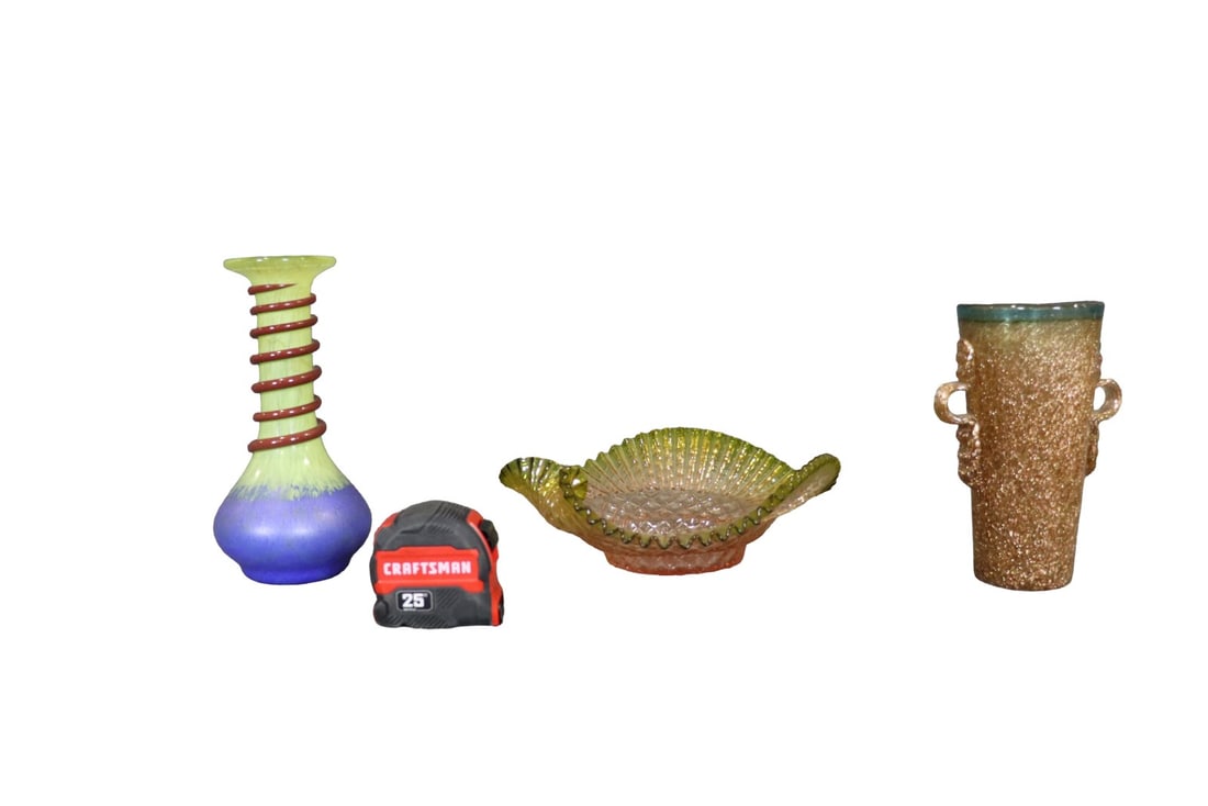 2 VENTETIAN STYLE ART GLASS BLOWN VASES & ART GLASS BLOWN DISH (1 of 11)