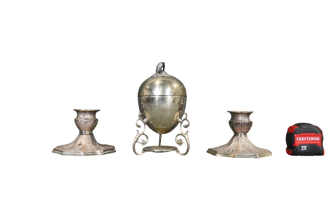 PAIR SILVERPLATED EGG CODDLER & PAIR METAL CANDLESTICKS (1 of 14)