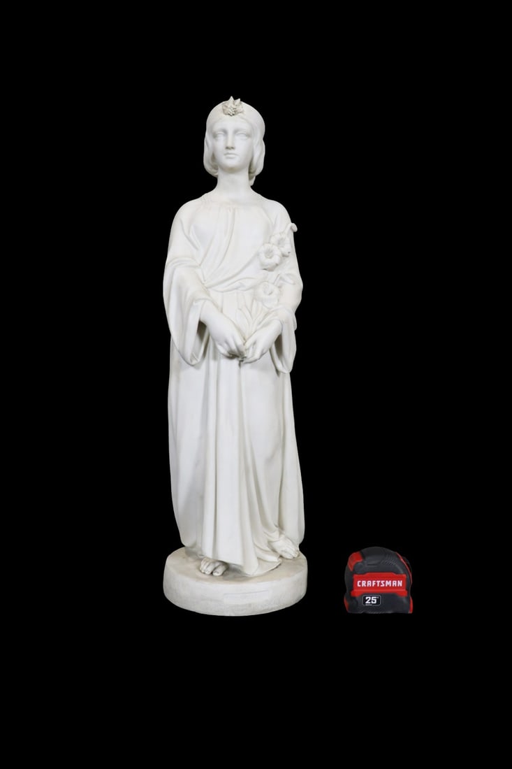 ENGLISH BISQUE FIGURE OF A LADY: Engraved on front of base "Chastity". Bisque. On side of base Durham SC Pub Sept 1 1865. 25 1/2" h x 8" w x 10" d.