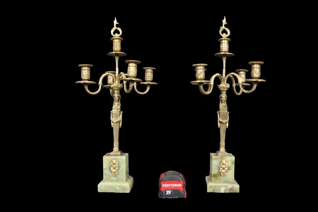 PAIR BRONZE & ONYX 4 LIGHT CANDELABRAS (1 of 12)