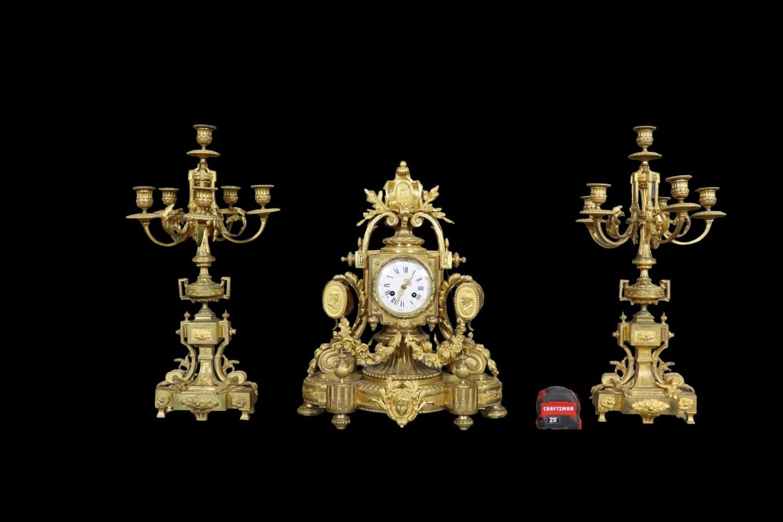 BRONZE 3 PIECE CLOCK & CANDELABRA SET (1 of 18)